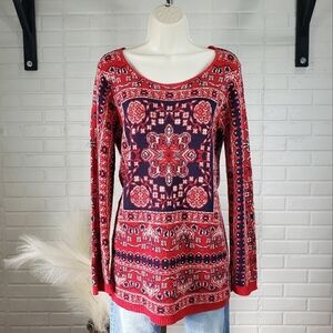 Cotton Emporium Jaquard Persian Boho Lightweight Sweater size Small Red Blue